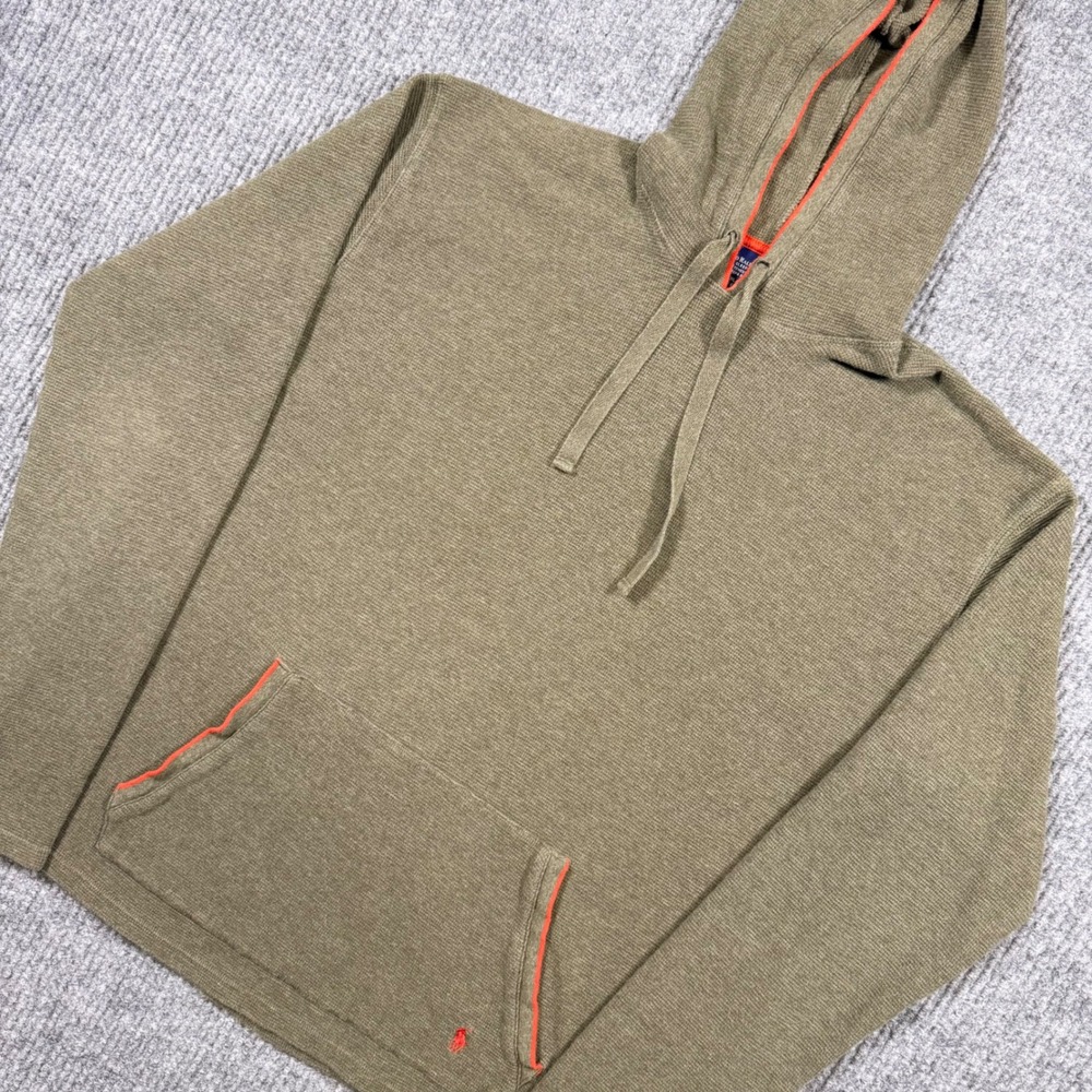 Polo Ralph Lauren Mens XL Olive Green Waffle Knit Thermal Hoodie Orange Trim